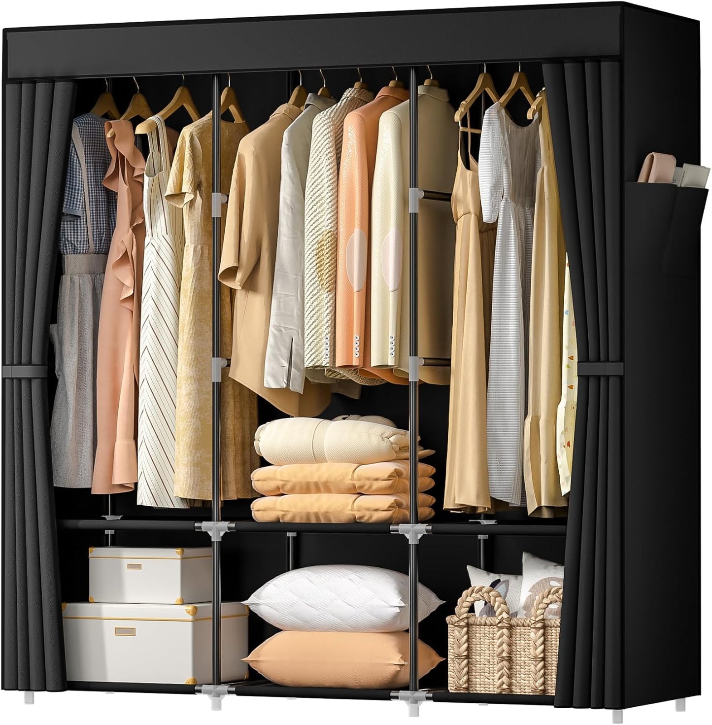 Portable Wardrobe Closet for Hanging Clothes, Free Standing Rack with Cover, 3 Hanging Rods, 6 Storage Shelves, 2 Side