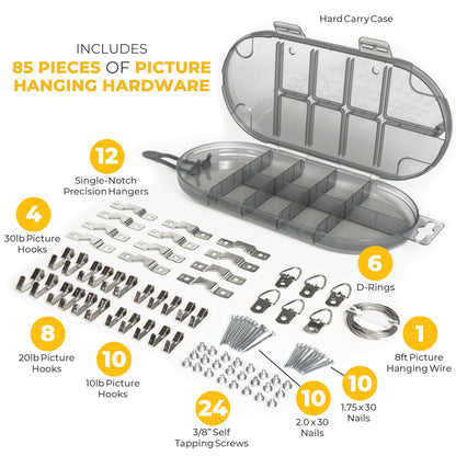 Go Hang It! Pro, All-in-One Picture Hanging Kit - Picture Leveling and Hanging Tool - Hang Sawtooth/Wire Hangers - Wall Hanging Kit and Level Tool - Hardware Case with 85-Piece Hanging Essentials