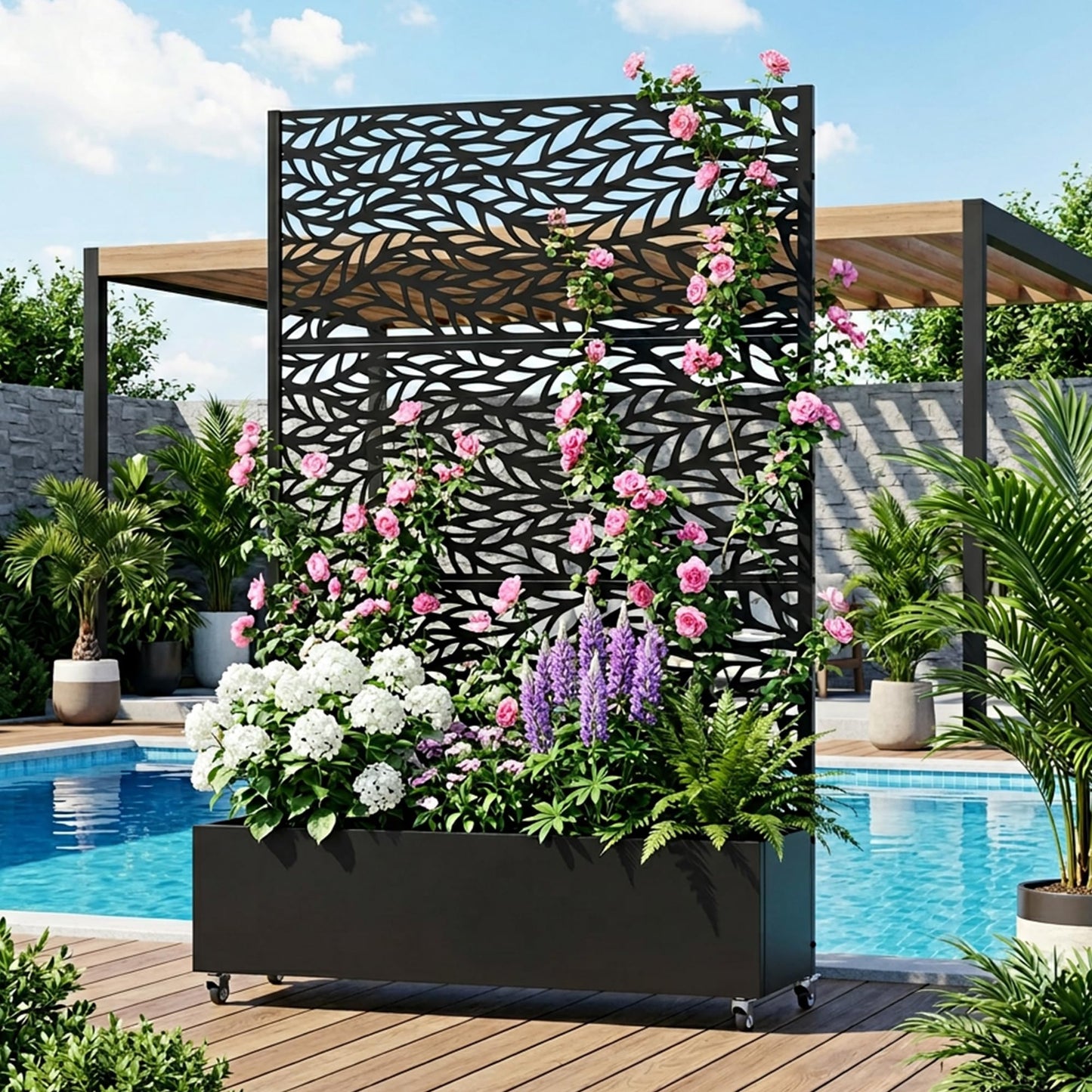 Wooakway 72" H Raised Garden Bed with Trellis and Wheels, Metal Privacy Screen Outdoor Planter Box with Decorative Leaf Pattern, 52 Gal Large Mobile Vertical Planter for Patio, Balcony & Backyard