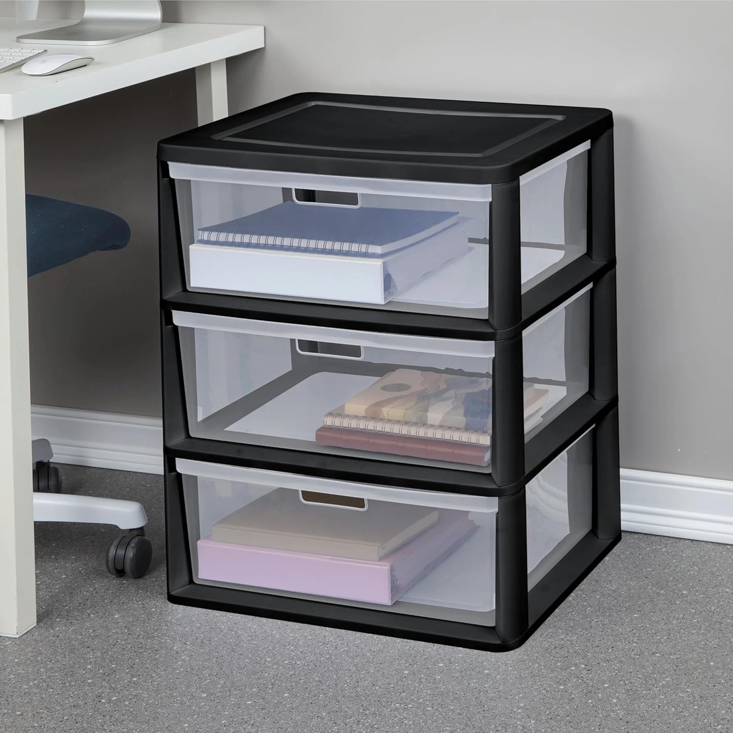 CLMSTE 3 Plastic Drawer Wide Tower Plastic Storage Cart with Clear Pull Out Drawers, Black