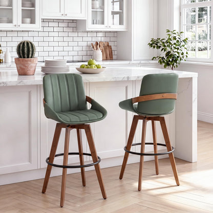 AQG Green Bar Stools 30 Inch Set of 2 Leather Bar Height Stools with Backs, Mid Century Modern Swivel Bar Chairs, Upholstered Barstools Wood Frame for Kitchen Island