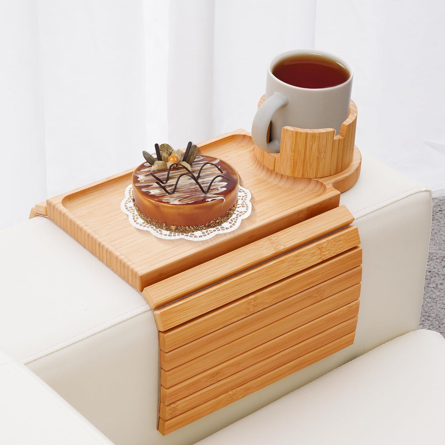 GHKINMAL Couch Cup Holder Tray, 3 in 1 Couch Arm Trays,Large Bamboo Chair Arm Rest Tray with 360° Cup Holder,Removable Anti-Slip Organizer for Snack Eating