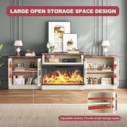 OneBlis 97" Fireplace TV Stand with 36" Electric Fireplace, Farmhouse Entertainment Center for TVs up to 100", Media Console Table with Large Storage Cabinets, for Living Room, White