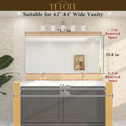 TETOTE 72" x 36" Rectangle Tempered Mirror with Frameless Beveled Edge for Vanity and Bathroom
