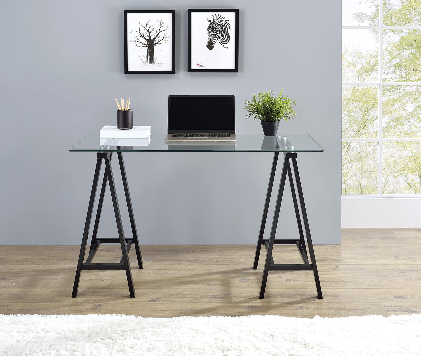OSP Home Furnishings Middleton 47 Inch Desk with Clear Beveled Glass Top, Black Base