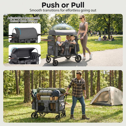 BABY JOY Wagon Stroller for 4 Kids, Foldable Stroller Wagon with Removable Canopy, Adjustable Handle, Snack Tray, Parent Organizer, 5-Point Safety Harness, Convertible Diaper Bag/Changing Pad (Gray)