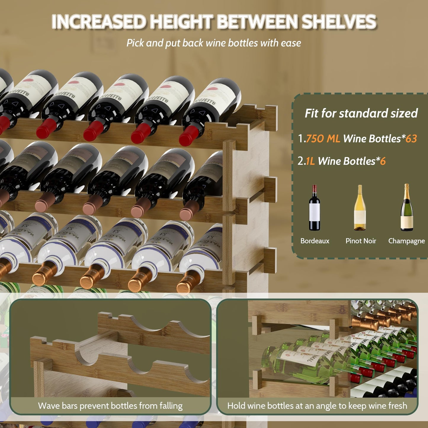 Wine Rack Freestanding Floor, Bamboo 8-Tier 69 Wine Bottle Holder Racks Countertop Cabinet Display, Wooden Stackable Modular Wine Storage Organizer Shelves for Kitchen Bar Cellar Dining Room Walnut