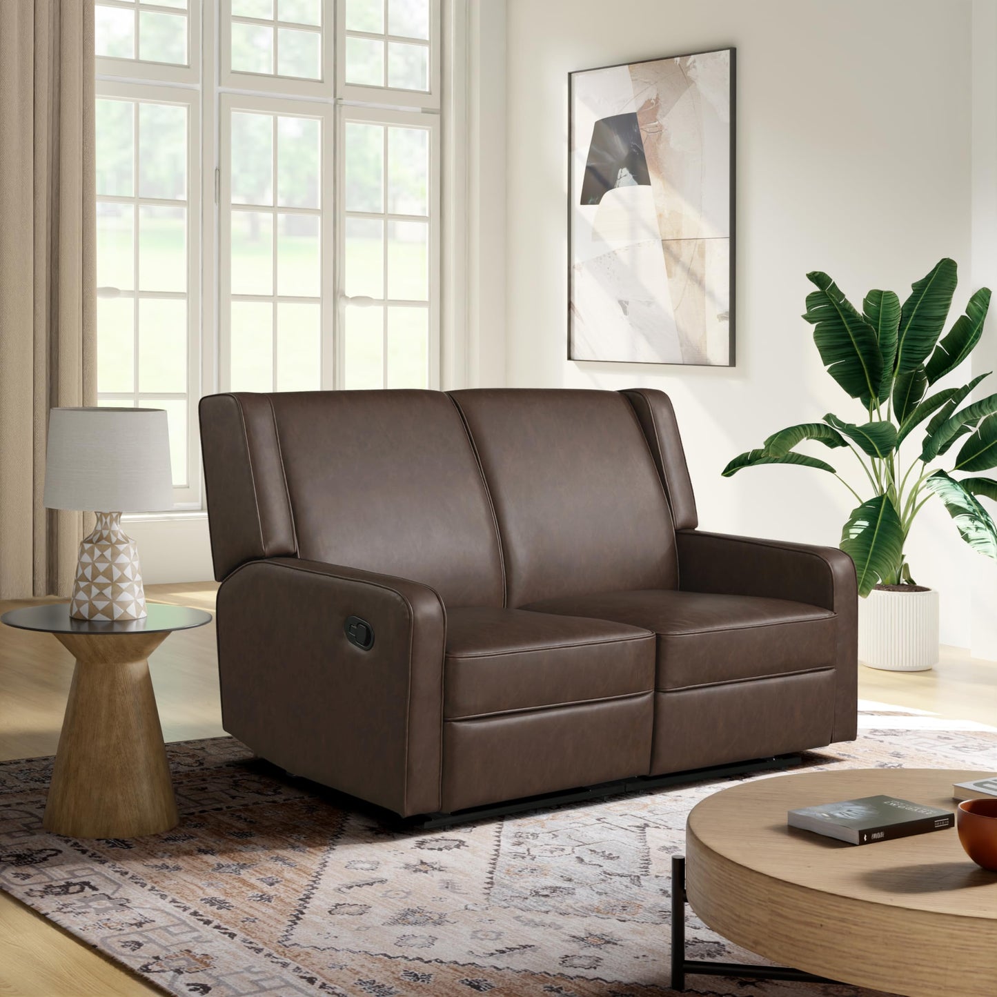 Relax-A-Lounger Evanston 55.9" Reclining Loveseat, Manual Lever Pull, Pocket Coil Comfort, Vegan Leather, Chestnut