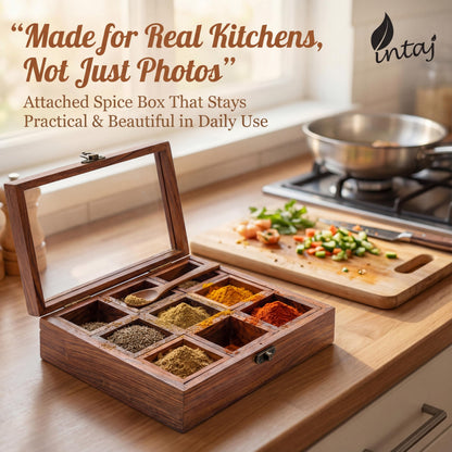 INTAJ Wooden Spice Box Organizer Square Masala Dabba 9 Compartment Seasoning Herb Container Cabinet Pantry Drawer Rack Storage Countertop Shelf Gift For Kitchen Home Cooks Display Set Organiser