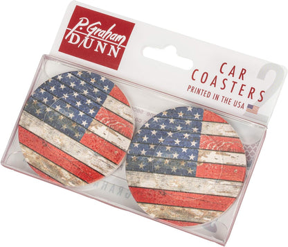 American Flag Distressed Wood Look, 2.75 x 2.75 Absorbent Ceramic Car Coasters, Pack of 2