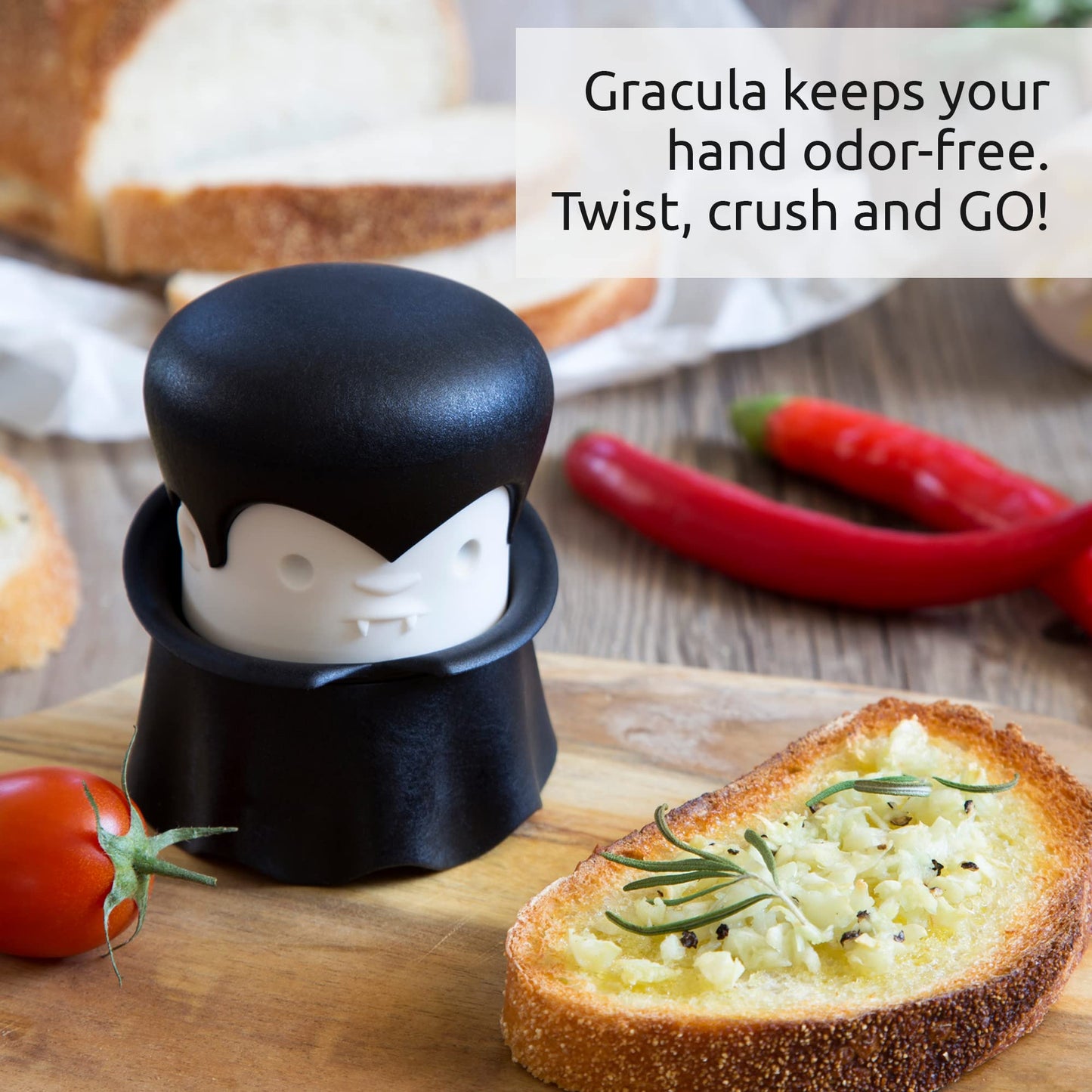 OTOTO Gracula Garlic Crusher, Garlic Mincer, Also for Ginger, Nuts, Chili, Herbs - Twist Top Mincer & Easy Squeeze Manual Press Peeler, Goth Gifts