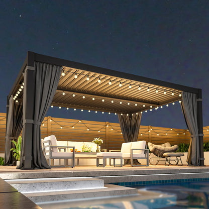 12' x 16' Louvered Pergola, Outdoor Pergola with Curtains & Netting, Metal Patio Pergola with Adjustable Louvers Roof and Gutter System, Metal Hardtop Gazebo for Patio, Deck, Garden, Yard, Dark Gray