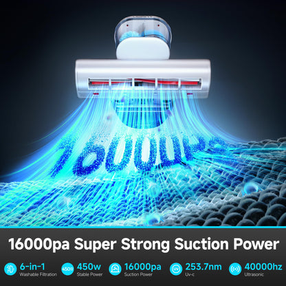 uwant Mattress Vacuum Cleaner, 16Kpa 450W Bed Vacuum Cleaner with 253.7nm UV-C Light, 149°F Heat, 36000 RPM/Min Tapping，HEPA Filter & Ultrasonic, Handheld Vacuums for Bed, Sofa, Couch, Crib