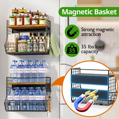 HIPLIYS Magnetic Shelf for Fridge with Wood Lid, Fruit Potato and Onion Storage Bins, Pantry Organizers and Storage, Strong Magnetic Spice Rack for Refrigerator, Kitchen Counter and Laundry Room