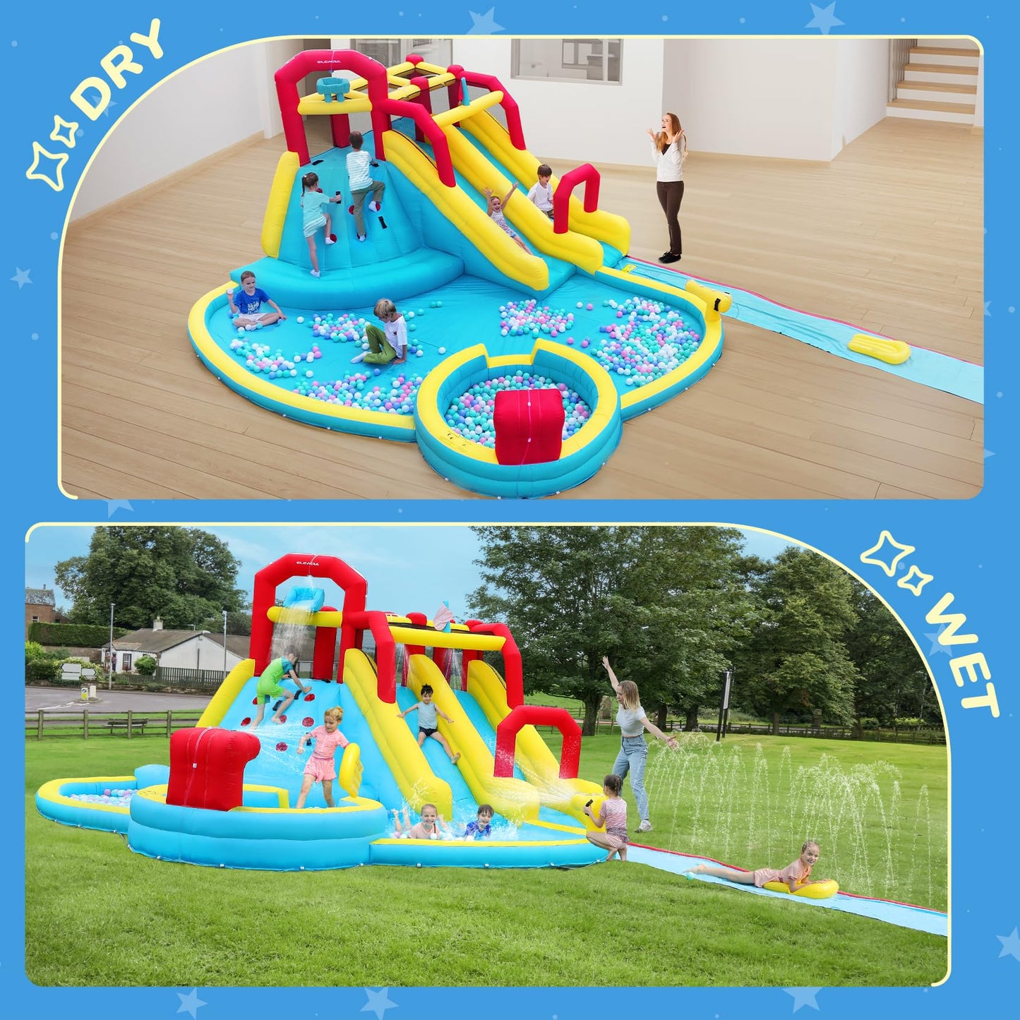ELEMARA XL Inflatable Water Slide with 19ft Attachable Slip and Slide,Large 7 in 1 Blow Up Water Park,Bounce House for Backyard with 2 Slides,Climbing Wall,Deep Pool，Water Cannon,750W Blower for Kids