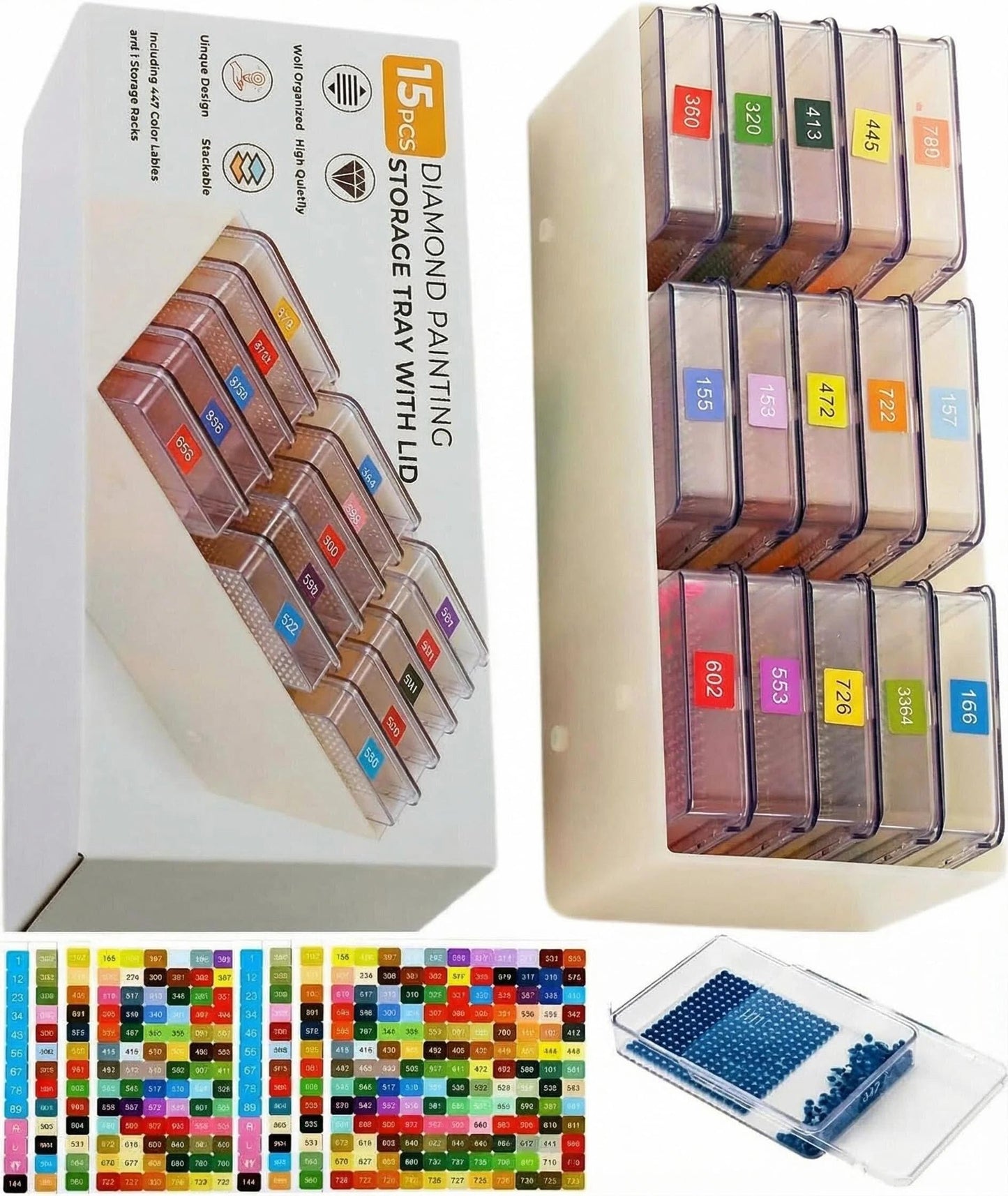 15 Pcs Diamond Art Storage Containers,Diamond Painting Sliding Trays ,Stackable Diamond Trays , 2-in-1 Art Carft Storage Box Set Line-Up for Diamond Accessories ,Bead and Jewelry (Transparent/15Pcs)