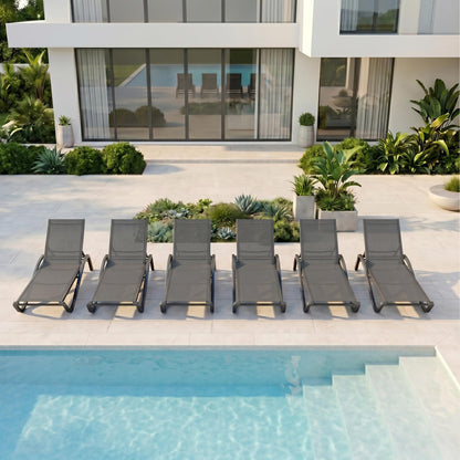 Patio Kingdom Patio Chaise Lounge Chairs Set of 6, All-Weather Aluminum Pool Loungers for Outside, 5-Position Adjustable Sunbathing Chairs for Tanning, Stackable for Backyard, Poolside, Grey