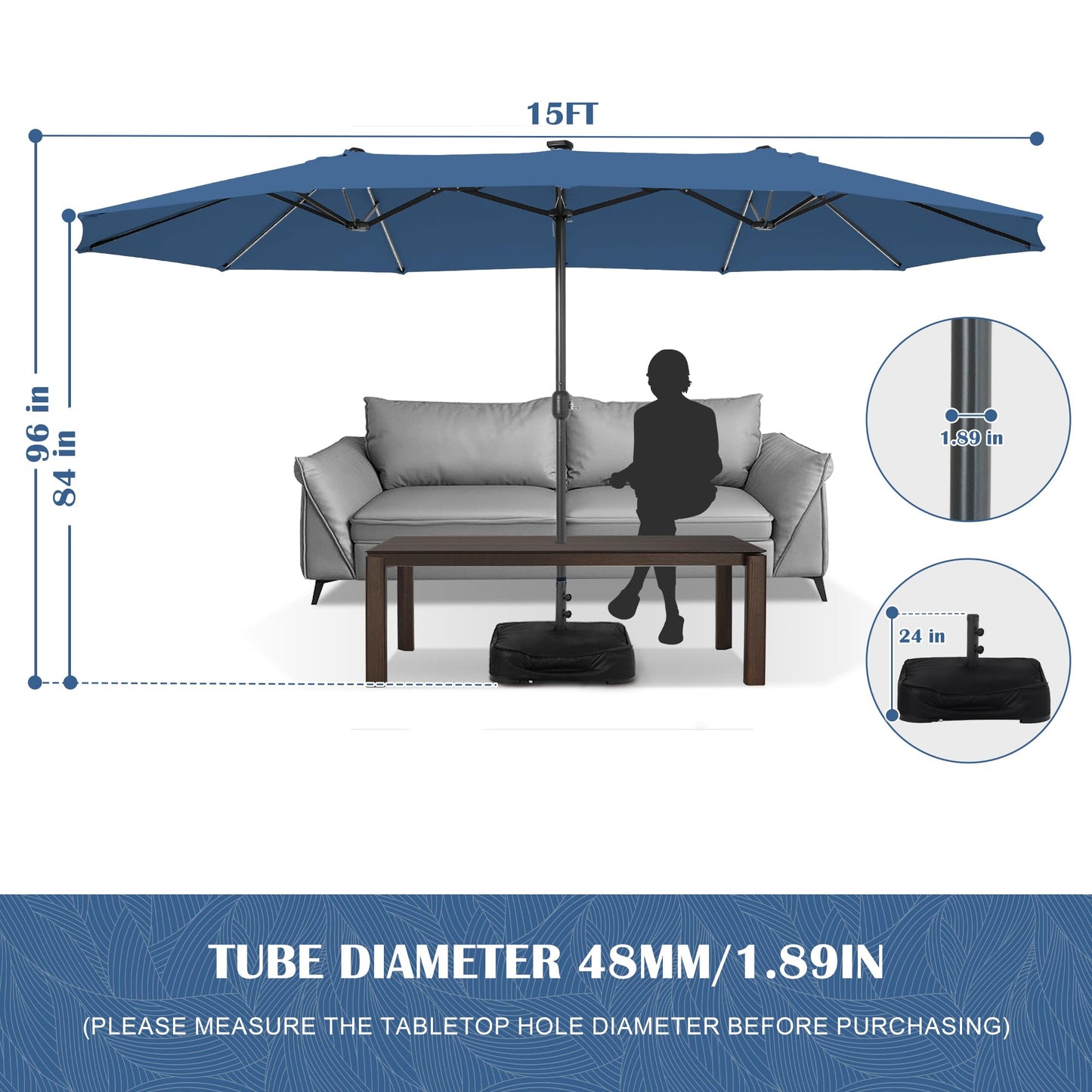 Sundale Outdoor Solar 15 ft 144 LED Olefin 5-Year-Non-Fading Patio Umbrella with Sandbag Base Included and Cover, Outdoor Double-Sided Umbrella with Lights, Navy