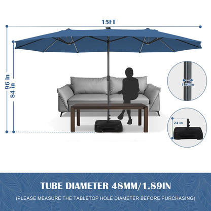 Sundale Outdoor Solar 15 ft 144 LED Olefin 5-Year-Non-Fading Patio Umbrella with Sandbag Base Included and Cover, Outdoor Double-Sided Umbrella with Lights, Navy