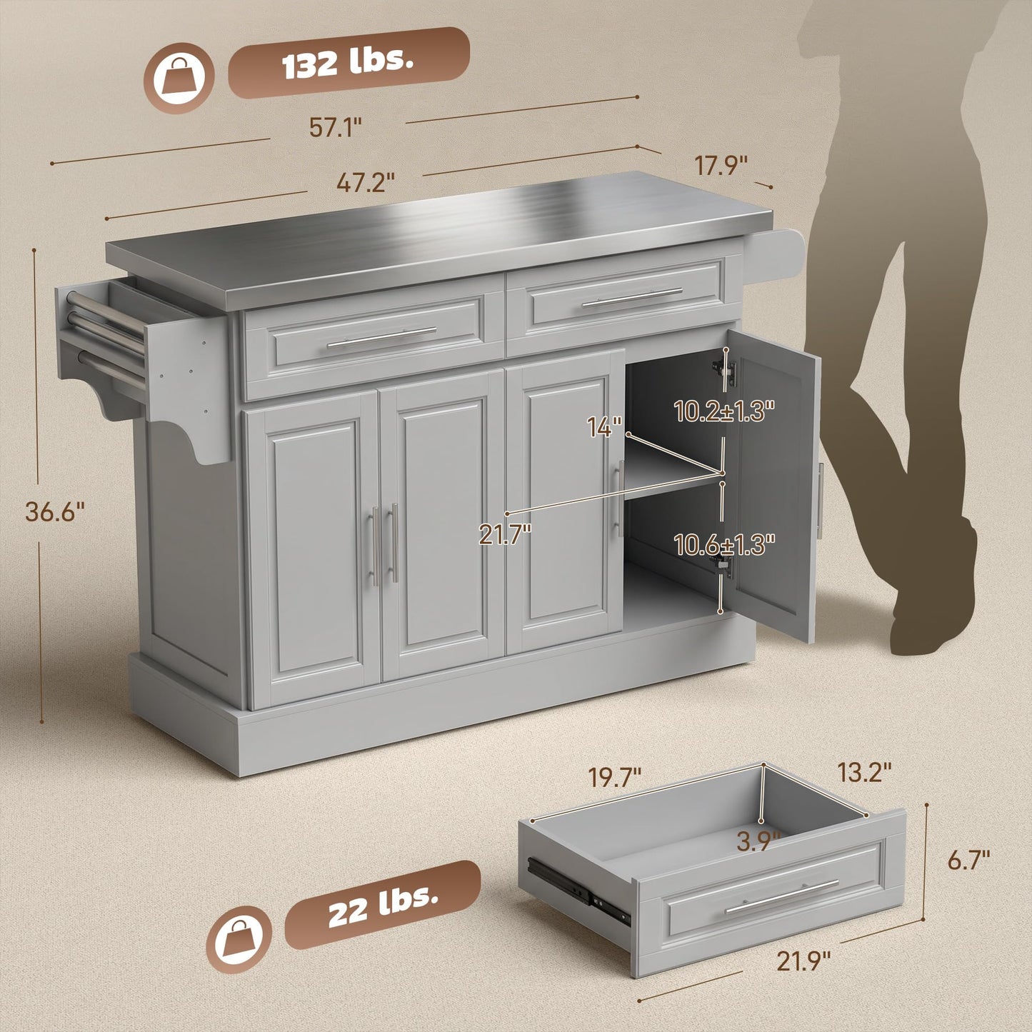 HOMCOM Rolling Kitchen Island Cart with 47" Stainless Steel Top, Portable Island Table for Kitchen with Wheels, Adjustable Shelves, 2 Drawers, Spice, Knife and Towel Rack, Gray