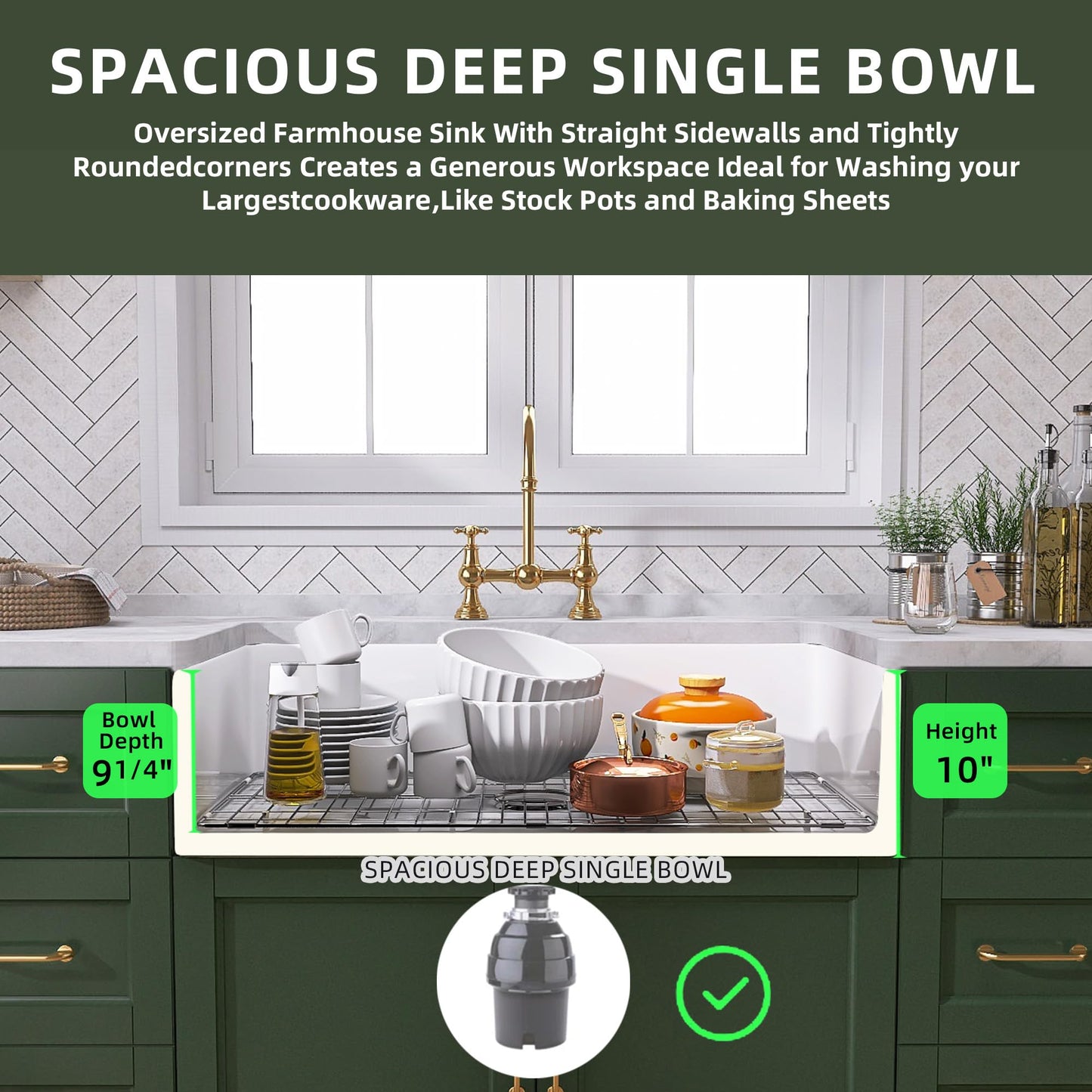 TUKTUK White Farmhouse Sink 33 inch Fireclay Apron Front Farm House Kitchen Sink Single Bowl Deep Drop In Undermount Reversible Heavy Duty Easy to Clean Porcelain Kitchen Basin Modern Luxury Accessory