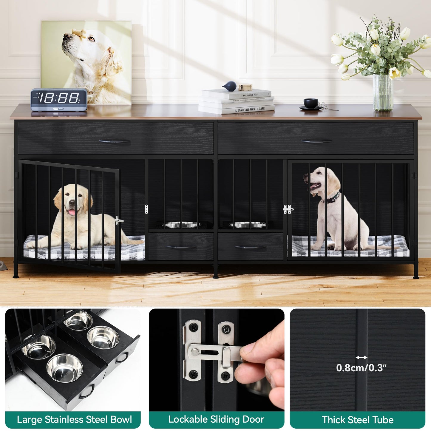 YITAHOME 74.8" Double Dog Crate Furniture with Dog Feeder, Heavy Duty Indoor Dog Kennel TV Stand with Drawers, Sturdy Dog Kennel with Divider for 2 Medium Large Dogs, Black