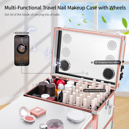 ZhenGuiRu Portable Manicure Table 3 Drawers, Rolling Lockable Makeup Train Case with Blueteeth Speaker and Nail Polish Organizer, Foldable Nail Desk with Mirror & TSA Lock for Nail Tech and Salon Use