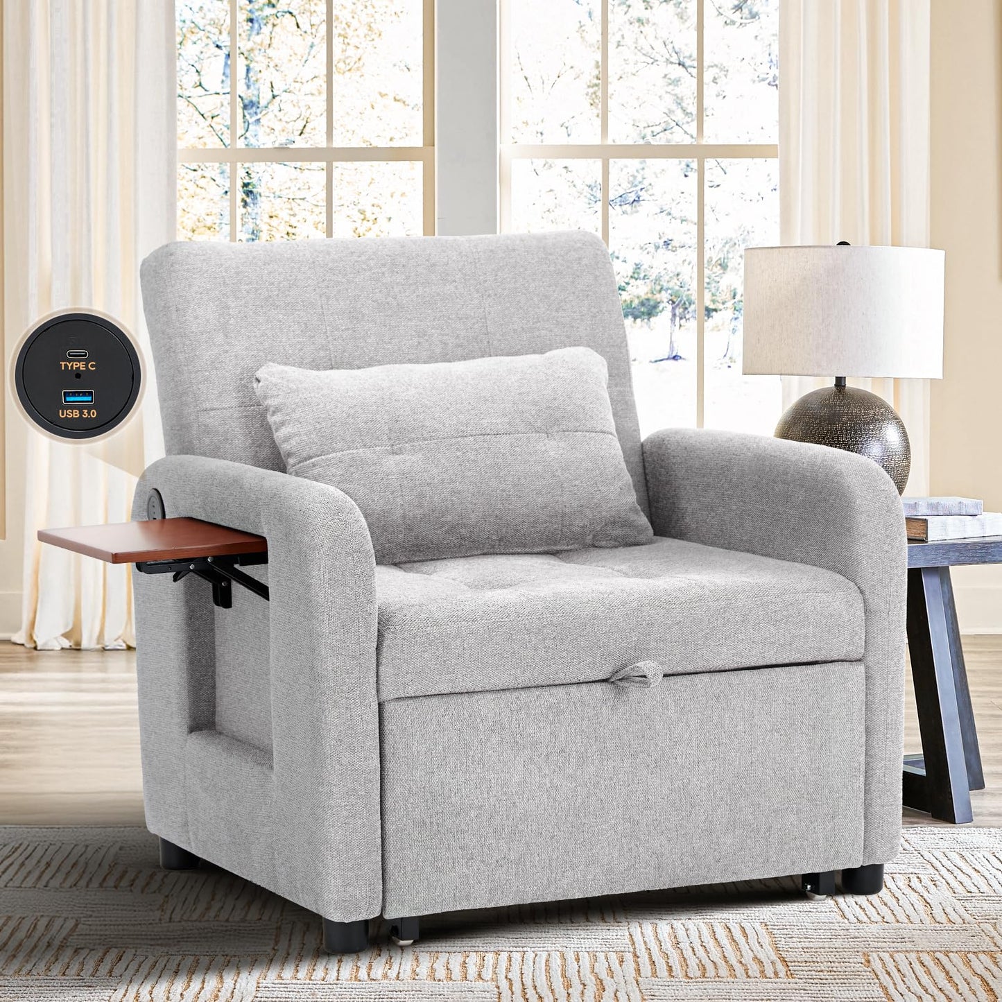 Convertible Sleeper Chair-Fabric Futon Sofa Bed, Single Sleeper Sofa, Small Couch Bed with USB Port, Foldable Table, Pillow, Adjustable Backrest for Dorm/Bedroom/College Lightgrey