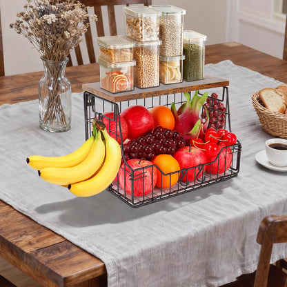 Livabber Fruit Basket for Kitchen, Metal Fruit Vegetable Storage Bin with 2 Banana Hangers, Countertop Wire Basket Organizer for Snack Potato Onion, Screw Mounted or Stand (Black, 1 Pack)