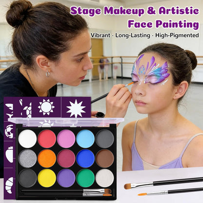 Face Painting Kit for Kids, 15 Colors Water-Based Face Paint Palette with Stencils | Safe Skin-Friendly Body Paint for Halloween Makeup, Birthday, Sport & School Events