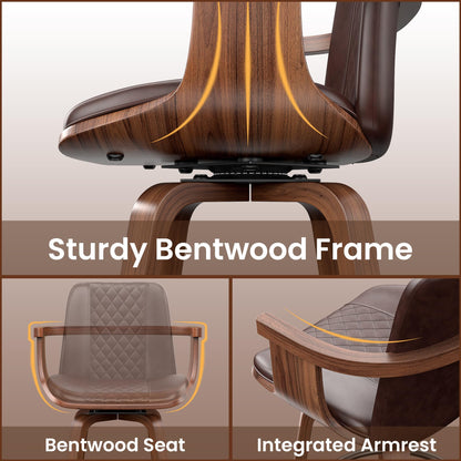 YaFiti Swivel Bar Stools Set of 2, 26" Counter Height Barstools with Wood Legs and Backs, Upholstered PU Leather Bentwood Frame Bar Chairs with Armrest for Kitchen Island, Dining Room, Brown