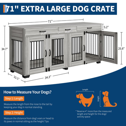 Garvee 71 Inch Large Dog Crate Furniture for 2 Dogs, Wooden Double Dog Crate Large Breed with Door, Dog Kennel Indoor, TV Stand End Table with Divider for Large Medium Dogs,Grey