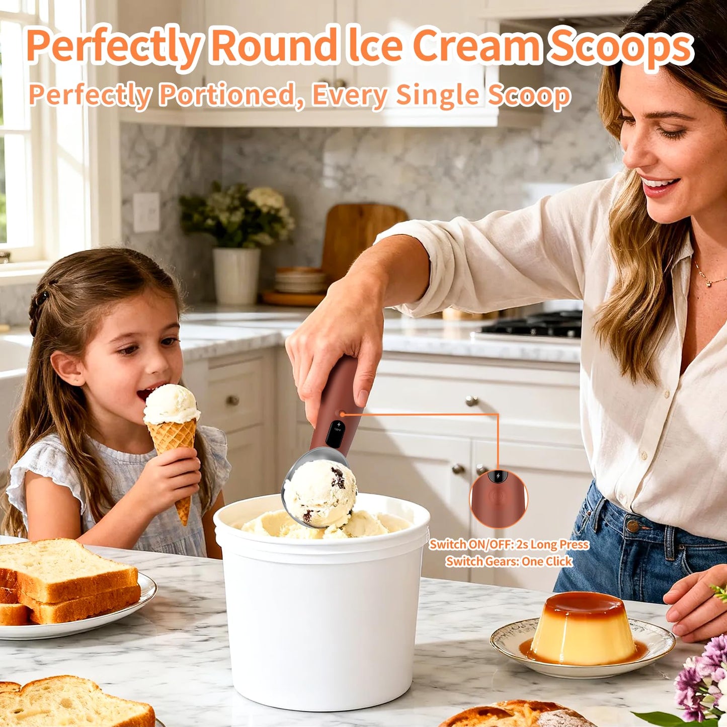 Heated Ice Cream Scoop Rechargeable, IP67 Waterproof Electric Warming Ice Cream Scooper with LED Display, Heats to 70°C for Hard Ice Cream, Easy for Seniors & Kids (Brown)