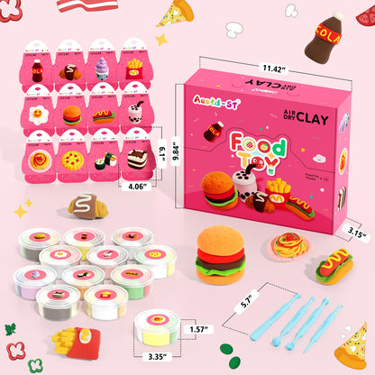 Air Dry Clay Kit - Food Toy Theme, Modeling Clay for Kids, DIY Model Magic Clay with Tools and Tutorials, 12 Boxes Molding Clay, Ultra Light, Soft & Non-Sticky, Arts and Crafts Gift for Kids
