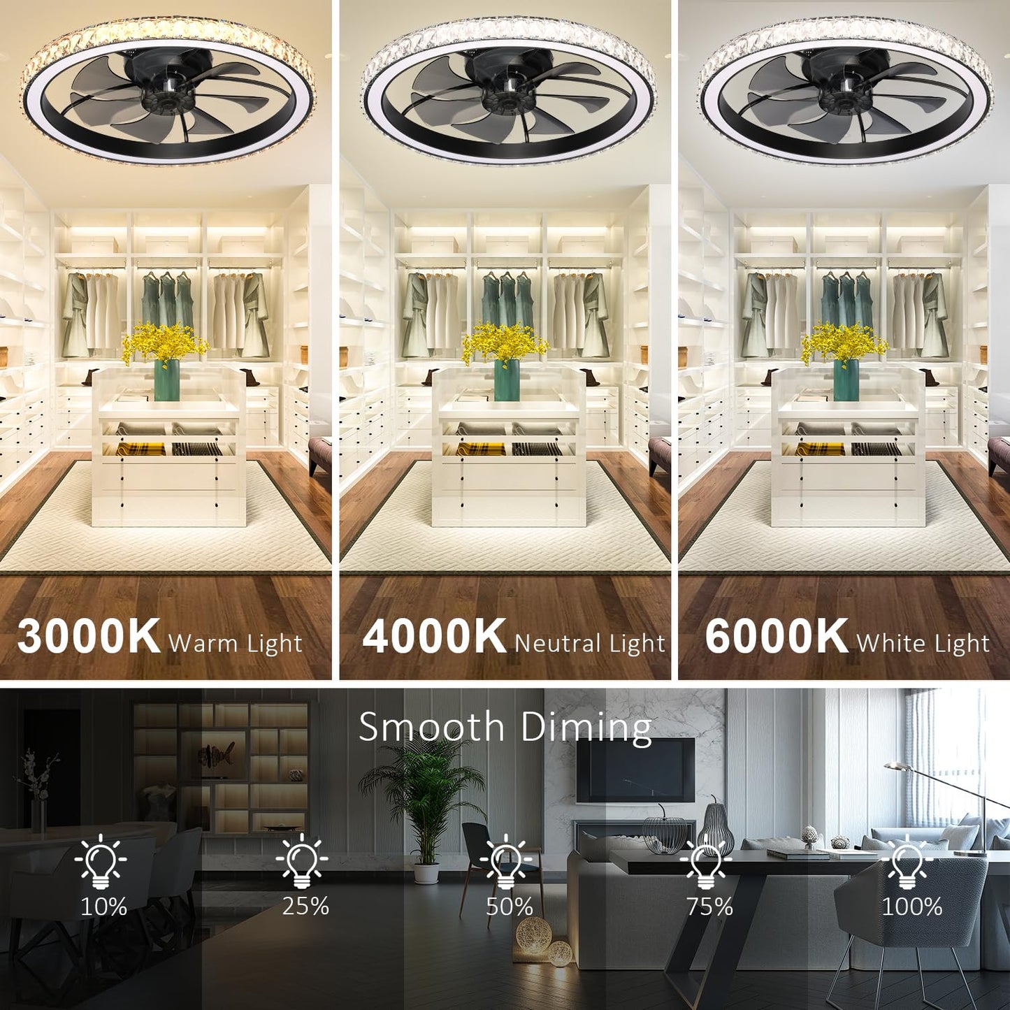 Aipsun 26" Low Profile Modern Crystal Chandelier Ceiling Fans with Lights and Remote, 3000K-6500K Smart Bladeless LED Fan Light, Black Modern Ceiling Fans with Lights for Bedroom