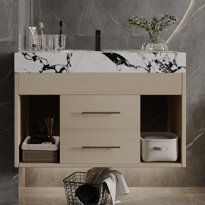 KEIKI 29.9" Bathroom Vanity with Undermount Sink Combo, Modern Floating Vanity Cabinet with 2 Drawers & Open Side Shelves, Storage Wall Mounted Cabinet for Small Space, Apricot‌ Marbe