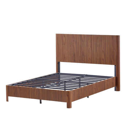 KEIKI Full Size Wooden Bed Frame with Headboard, Modern Platform Bed with Corrugated Curved Lines, No Box Spring Needed, Easy Assembly (Walnut, Full)