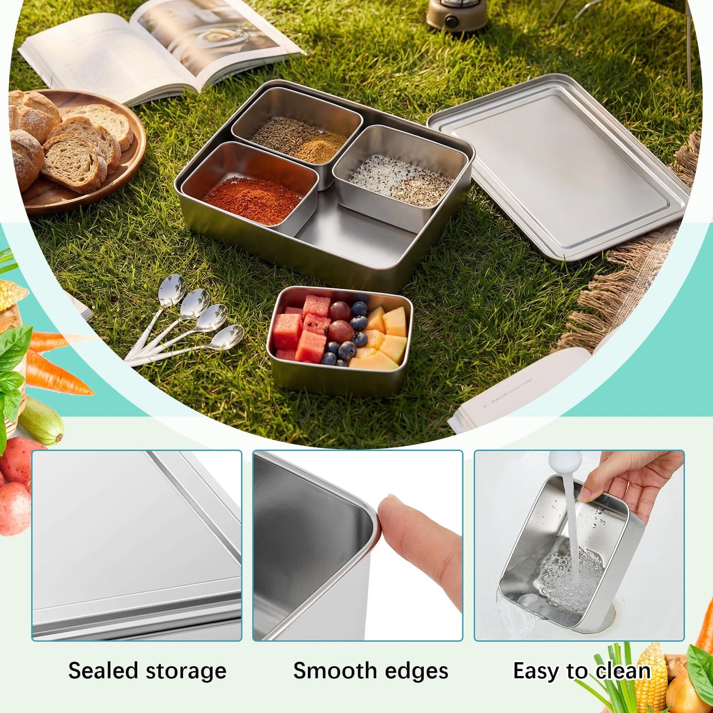 Boao 4 Compartment 304 Yakumi Pans Stainless Steel Seasoning Condiment Container with Lids Spoons, Japanese Yakumi Pans Mini Sauces Salad Dressings Storage for Food, Herbs, Spices
