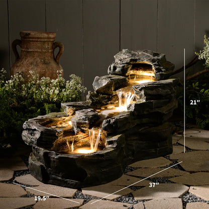 37" L Garden Outdoor Water Fountain, Floor Standing 5-Tiers Rock Natural Waterfall Outdoor Fountains with LED Lights for Patio, Porch, Home Art Decor