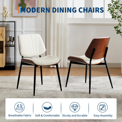 GarveeHome Dining Chairs Set of 6, Mid-Century Modern PU Leather Upholstered Accent Chairs with Shell Strips, Dining Room and Kitchen Chairs with Walnut Wood and Metal Legs, White