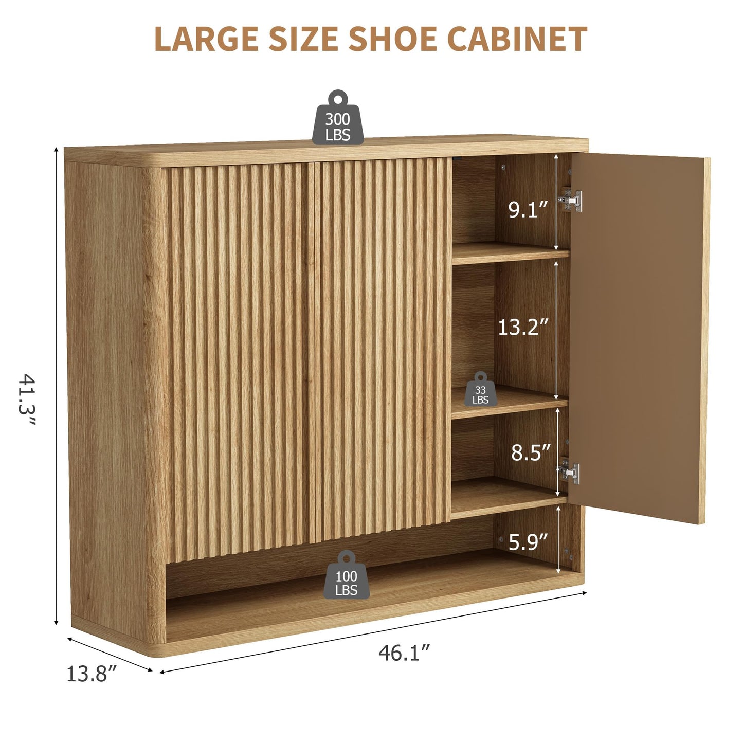Garvee 46 Inch Shoe Cabinet, Large Shoe Storage Cabinet with Adjustable Shelves, Wooden Shoe Organizer with Fluted Door Holds 30-35 Pairs for Entryway & Living Room, Natural Wood