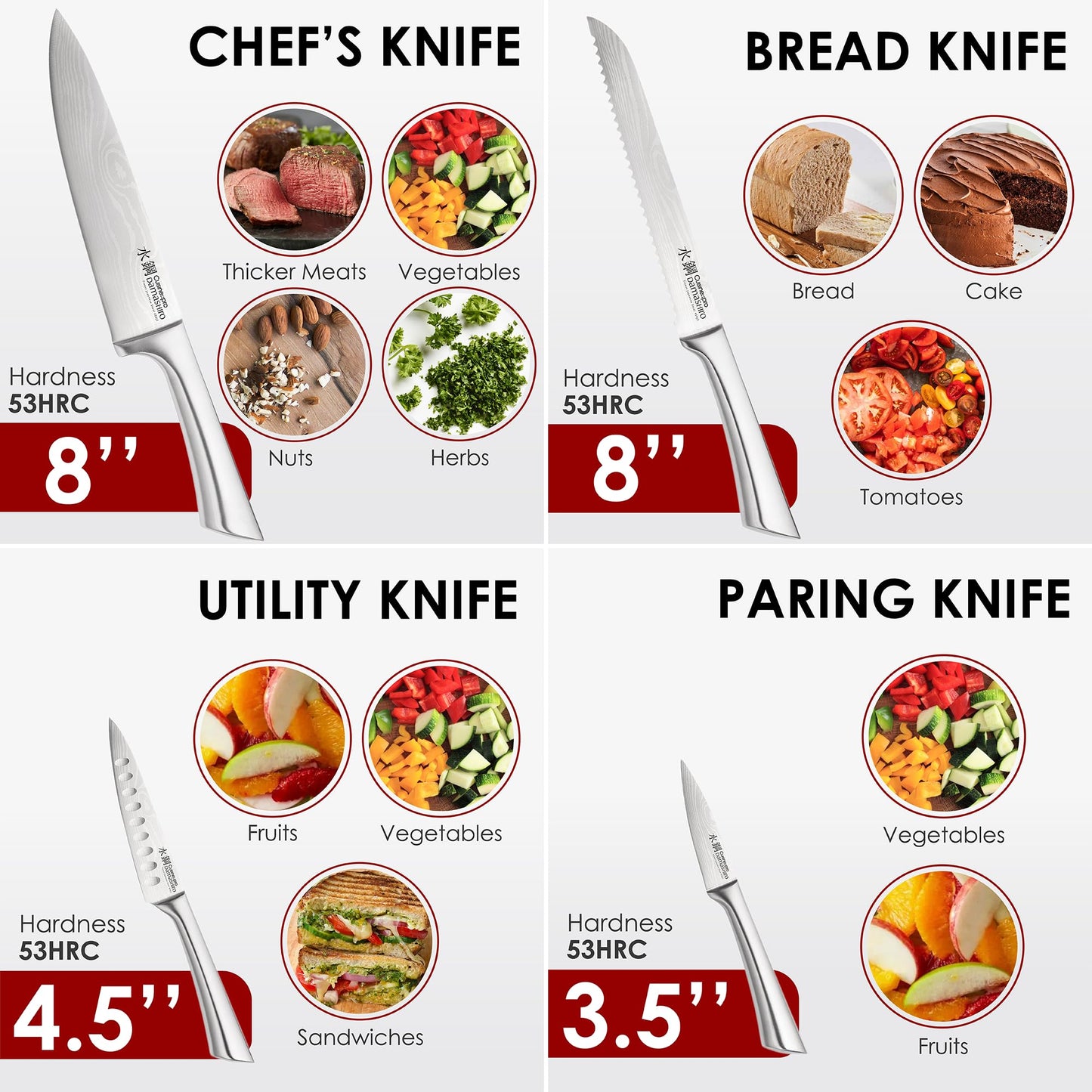 Cuisine::pro Damashiro 8-Piece Satori Knife Block - Japanese Steel Knife Set with Acacia Wood Knife Block -Damascus-Inspired Blade
