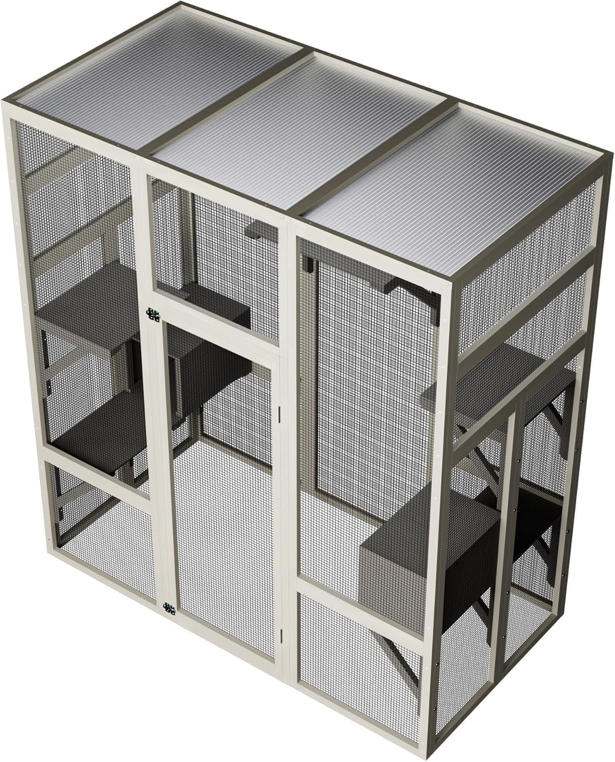 70" Large Outdoor Catio Cat Enclosure, Wood Cat Patio with Waterproof UV-Resistant Roof, Cats Shelter with 5 Platforms and 2 Resting Box, and Secure Rust-Proof Wire for Backyard or Patio