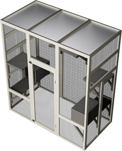 70" Large Outdoor Catio Cat Enclosure, Wood Cat Patio with Waterproof UV-Resistant Roof, Cats Shelter with 5 Platforms and 2 Resting Box, and Secure Rust-Proof Wire for Backyard or Patio