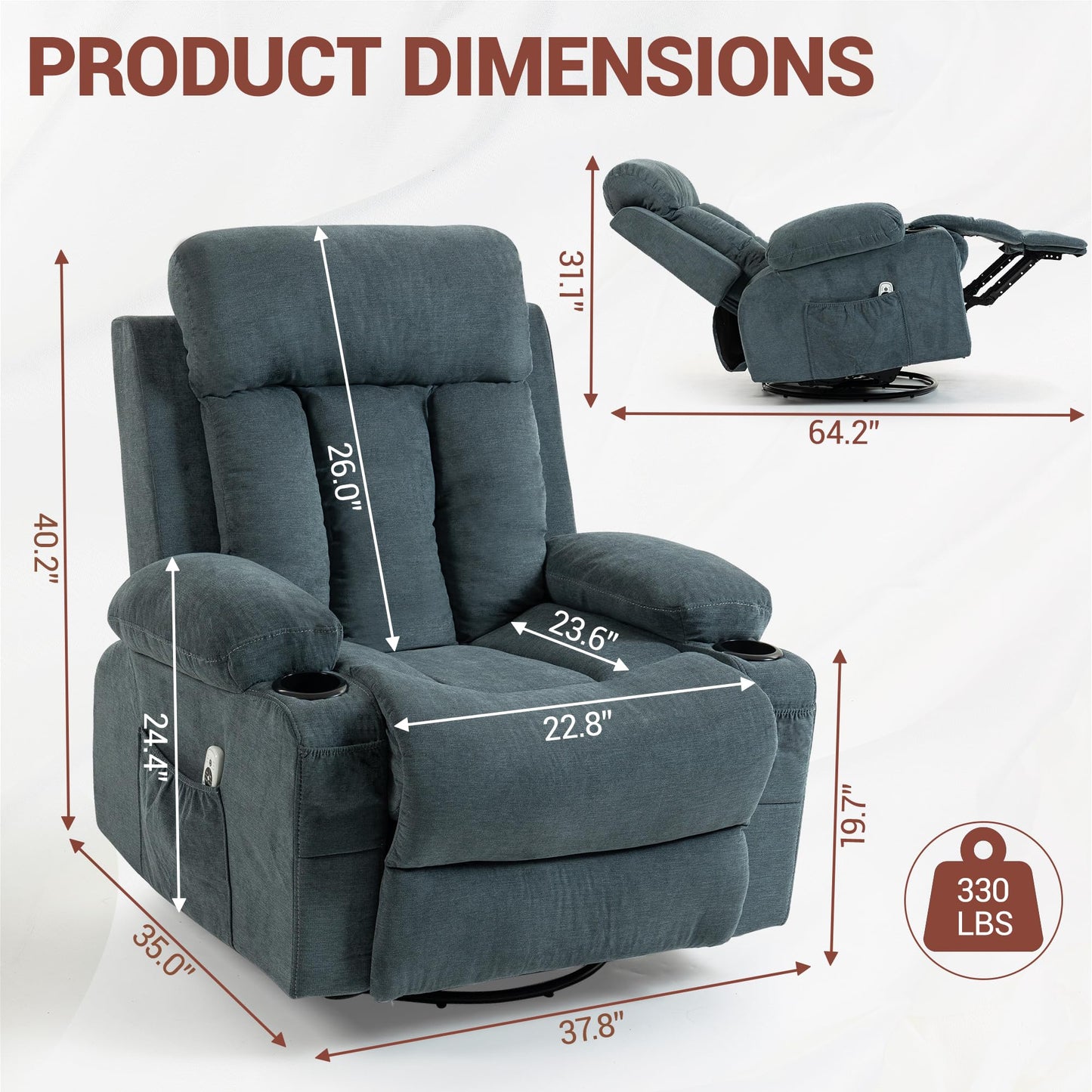 WiNVO 360° Swivel Rocking Chair, Rocker Recliner Chair with Vibration Massage and Heat, Ergonomic Lounge Chairs with Rocking Function and Side Pocket, Cup Holders, Blue