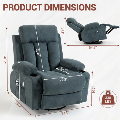 WiNVO 360° Swivel Rocking Chair, Rocker Recliner Chair with Vibration Massage and Heat, Ergonomic Lounge Chairs with Rocking Function and Side Pocket, Cup Holders, Blue