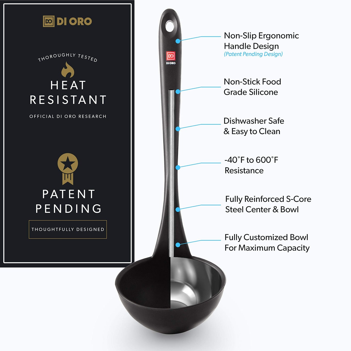 DI ORO Silicone Ladle – Soup Ladle for Cooking & Serving Heat-Resistant - Large Kitchen Soup Ladle Nonstick Cookware Safe - Soup Serving Spoon with Wide Bowl - Silicone Utensil Dishwasher Safe (Black)