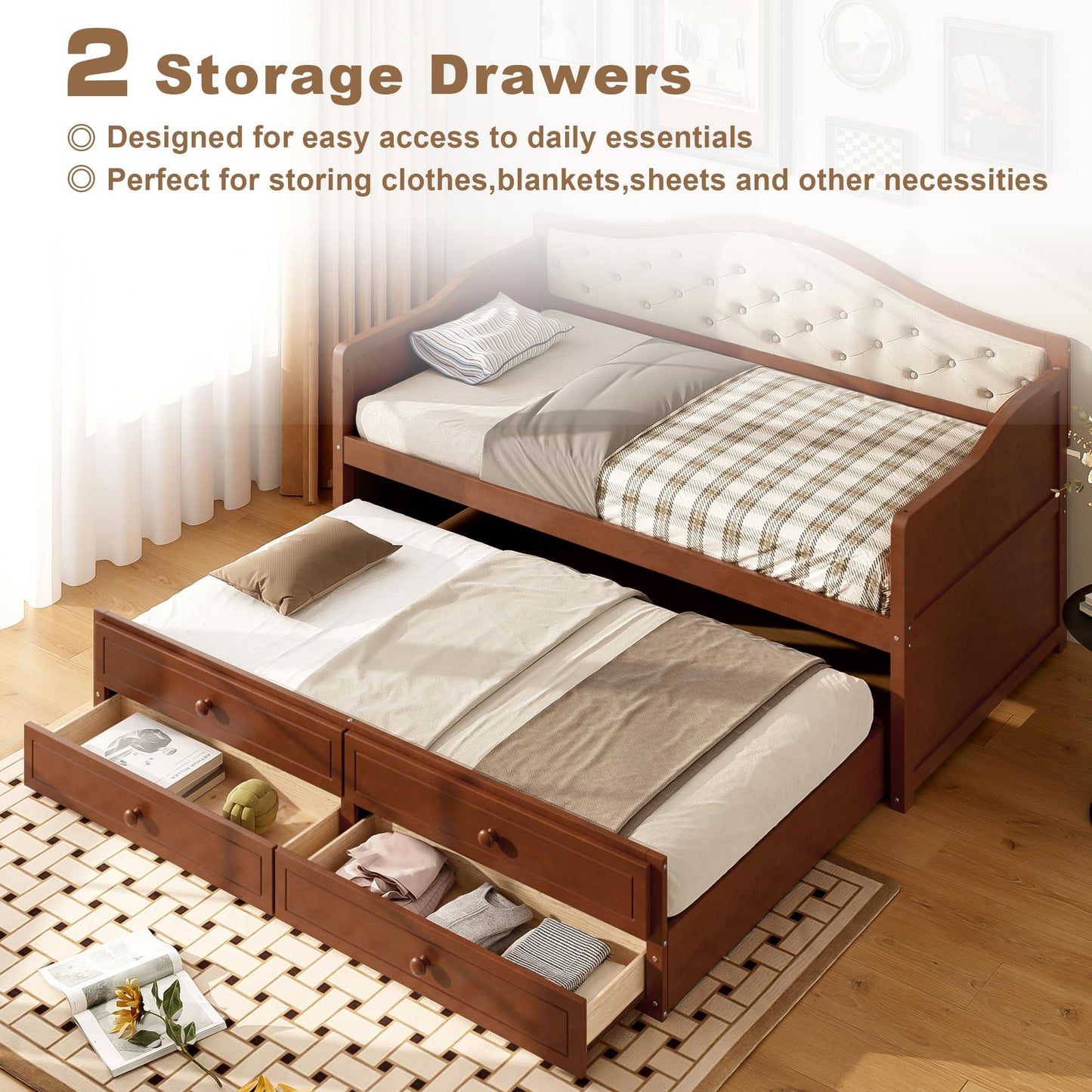 Merax Twin Daybed Frame with Trundle and 2 Storage Drawers, Sofa Bed Twin Size Wooden Bed with Upholstered Button Tufted Backrest for Living Room, Bedroom, Guest Room (Walnut)