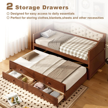 Merax Twin Daybed Frame with Trundle and 2 Storage Drawers, Sofa Bed Twin Size Wooden Bed with Upholstered Button Tufted Backrest for Living Room, Bedroom, Guest Room (Walnut)