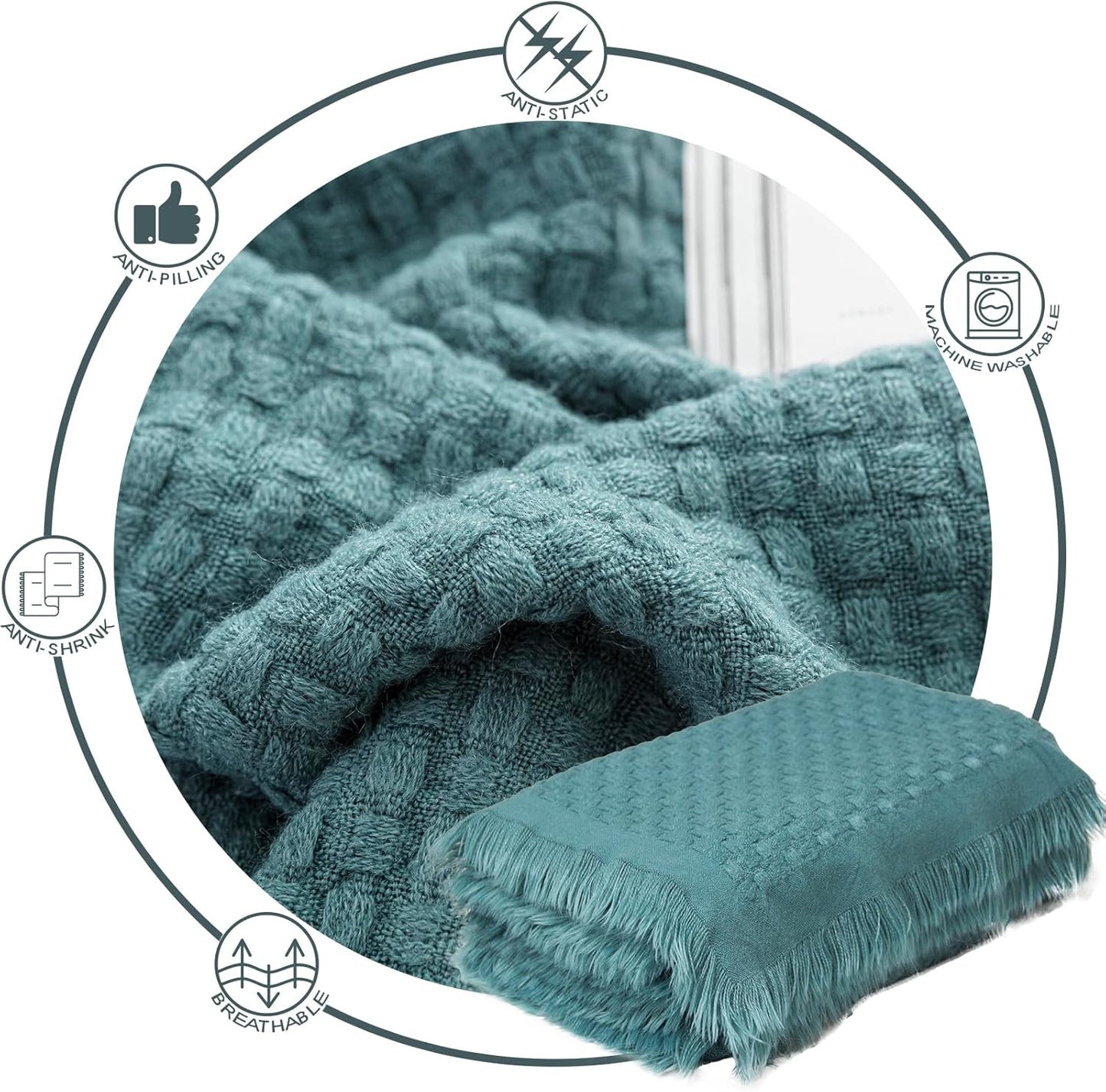 lifein Fall Throw Blanket for Couch, Soft Boho Knitted Teal Waffle Throw, Lightweight Blanket for Autumn Home Decor